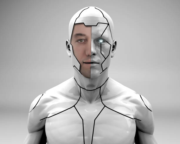 Armored Superhero Man dressed in robotic armor is looking at the camera. In the near future, we will see super strong people with robot armor for use in the military and security forces. cyborg stock pictures, royalty-free photos & images
