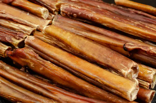 Photo of Bully sticks for dogs. Close-up of dried chew pet treats.