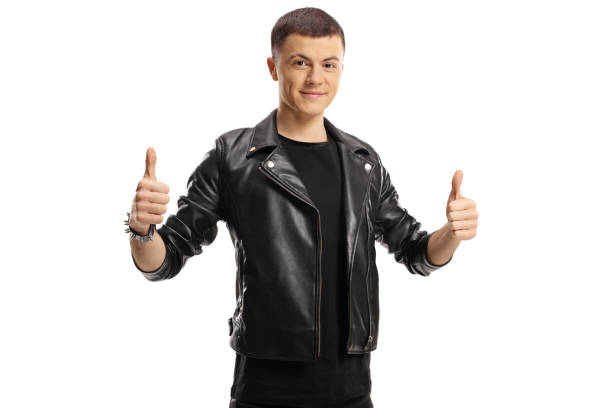 istock Guy in leather jacket showing thumbs up 1304493136