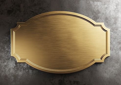 Empty brass metal plate. Vintage, steampunk style. Clipping path included, 3d illustration