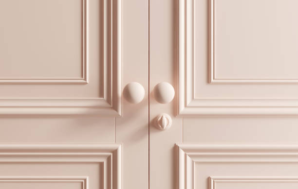 istock Pink coloured classic doors background. 3d illustration 1304494936