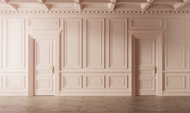 Classic luxury empty room with boiserie on the wall. Pink colored. Classic luxury empty room with boiserie on the wall. Pink colored. 3d illustration moulding door jamb wood stock pictures, royalty-free photos & images