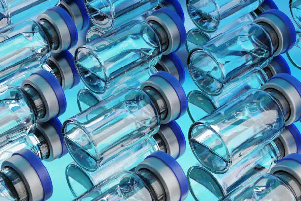 Photo of Lot of vaccine glass vials on blue background, 3d rendering.