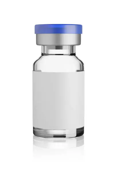 Photo of Vaccine glass vial isolated on white. 3d rendering.