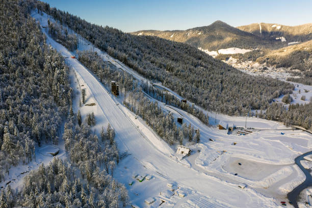 planica de saut à ski à l’hiver en slovénie - ski jumping hill photos et images de collection