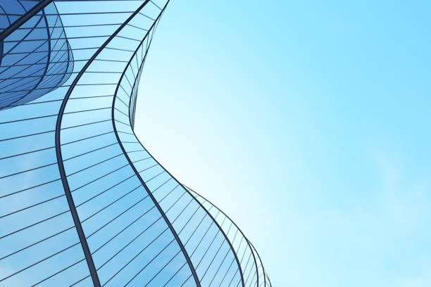 istock Low angle view of futuristic architecture, Skyscraper office building with cloud reflected on window, 3D rendering. 1304503692