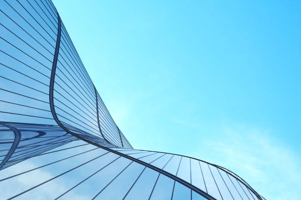 istock Low angle view of futuristic architecture, Skyscraper office building with cloud reflected on window, 3D rendering. 1304503694