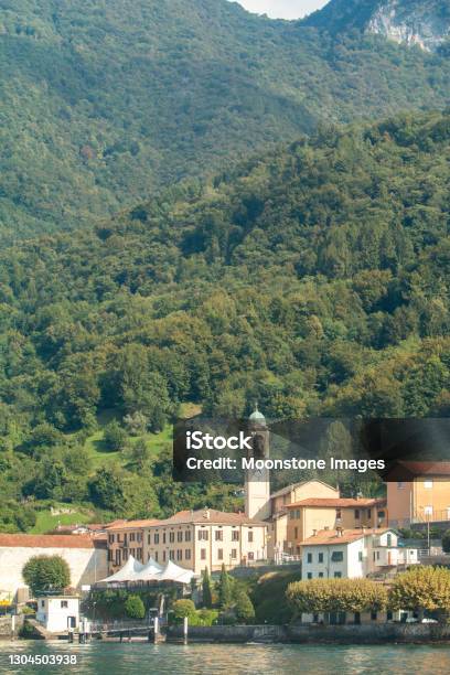 City Hall Church Tower Of Lezzeno On Lake Como Italy Stock Photo - Download Image Now