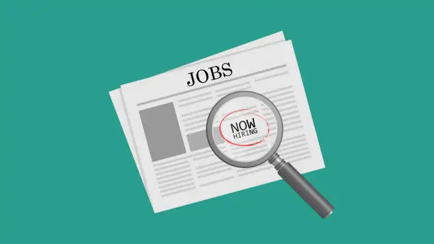 Vector illustration of Job opportunity classified ad on newspaper with magnifying glass. Searching job vacancies on newspaper with magnifying glass.