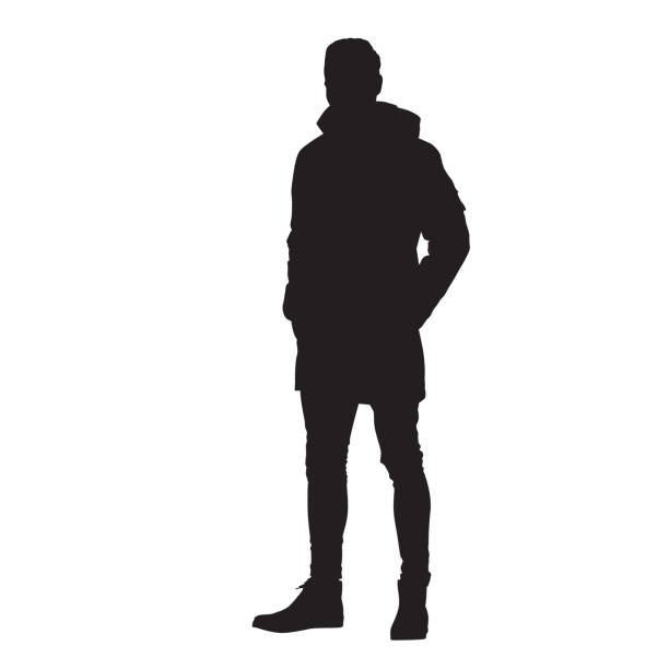 illustrations, cliparts, dessins animés et icônes de homme debout en veste d’hiver les mains dans les poches, silhouette vectorielle isoaltée - young men portrait fine art portrait men