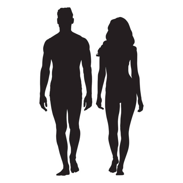 ilustraciones, imágenes clip art, dibujos animados e iconos de stock de siluetas corporales de hombre y mujer. personas caminando - chico caminando perfil