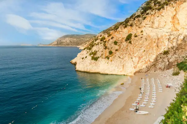 Kaputas beach, Turkey. Beautiful turquoise beach with sun in a Turkish resort in summer
