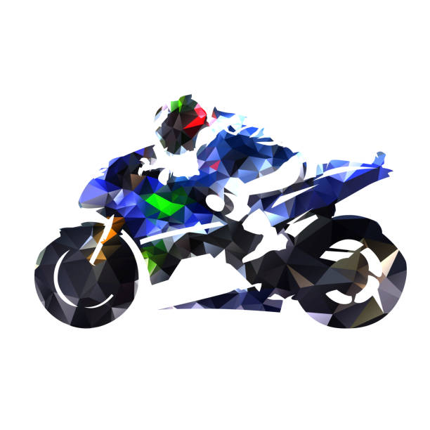 istock Polygonal motorbike racing. Blue road motorcycle with rider. Abstract isolated vector illustration 1304507010