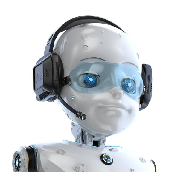 istock Cute robot with cartoon character wear headset 1304509138