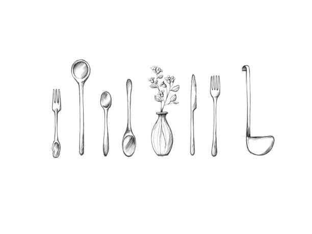Utensils for a meal on a white background Illustration of different Utensils for a meal on a white background bestek stock illustrations