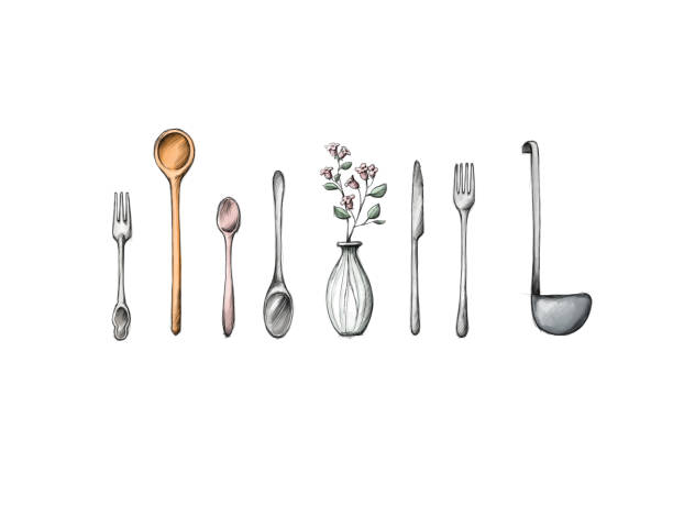 Utensils for a meal on a white background Illustration of different Utensils for a meal on a white background bestek stock illustrations