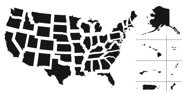 Set of separated American states. Divided USA map. All the countries are named in the layer panel. Set of separated American states. Divided USA map. All the countries are named in the layer panel frame outline silhouette stock illustrations