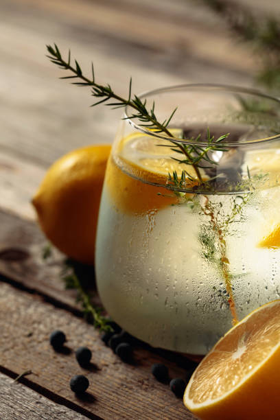 istock Alcohol drink (gin tonic cocktail) with lemon, juniper branch, and ice on rustic wooden table. 1304513052