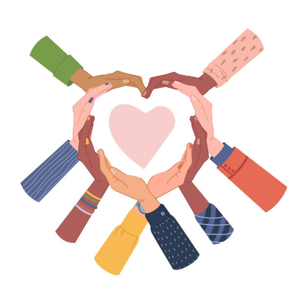 istock Hands making heart, gesture of love and care isolated flat cartoon illustration. Vector Valentines Day symbol surrounded by palms, ethnic diversity. Diverse group of people, February 14 greeting card 1304515375
