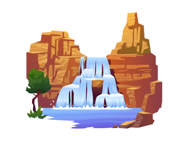 ilustraciones, imágenes clip art, dibujos animados e iconos de stock de naturaleza y paisaje de flujo, montañas rocosas y árboles exóticos aislados. cascada vectorial, caída de agua del río, cascada de agua corriente. escena realista de la fuente de la colina, la naturaleza y el paraíso de la selva de flujo - water waterfall sky seascape