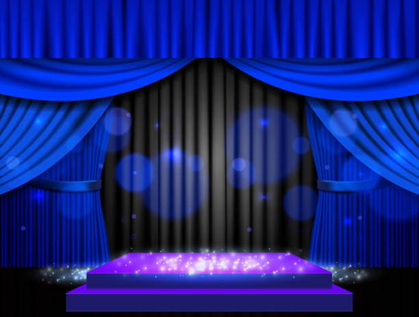 istock Background with blue curtain, podium and spotlights. Design for presentation, concert, show 1304516698
