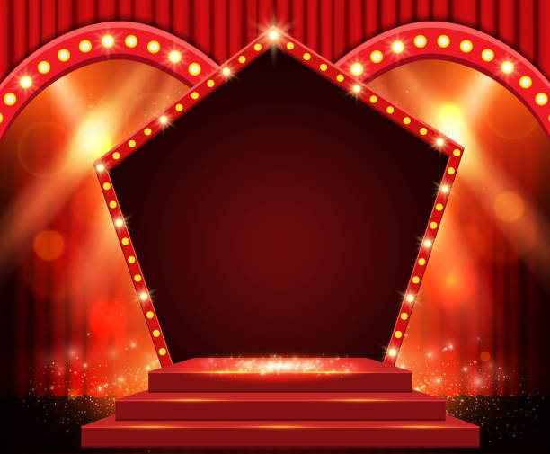 istock Background with red curtain, arch banner and spotlights. Design for presentation, concert, show 1304516798