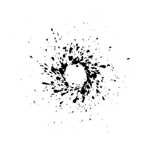 Vector illustration of Black ink splatter on white background formed by individual particles.