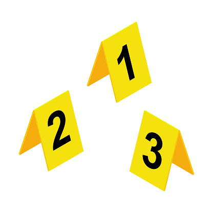 Crime scene markers icon. Yellow plastic investigation label design set with number one, two, three. Criminalistic vector illustration isolated on white background.