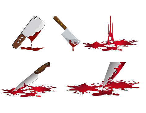 Bloody knife set. Murder weapon with red blood stains. Criminal vector illustration isolated on  white.