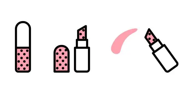 Vector illustration of Vector set of makeup from closed, open and leaving lipstick. Vector lipstick icons in flat linear style with white and pink fill and black stroke isolated on white background