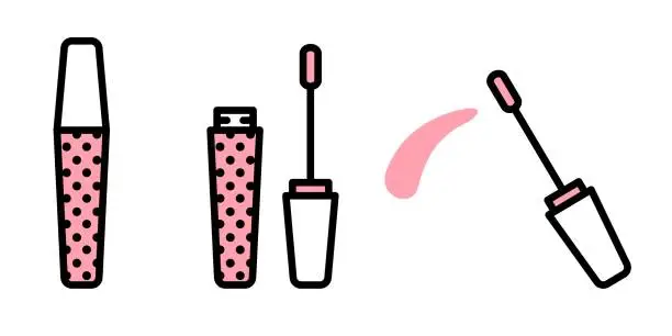 Vector illustration of Vector set of makeup from closed, open and leaving lipgloss. Vector linear lipgloss brush icons in flat linear style with white and pink fill and black stroke isolated on white background