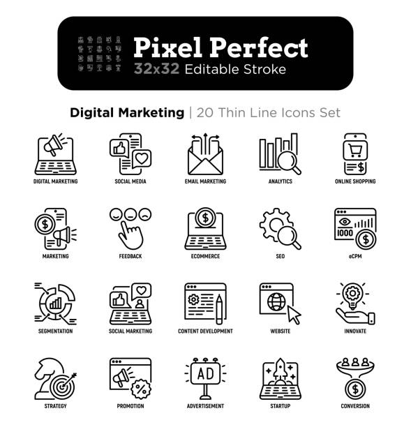 Digital marketing thin line icon set. Social media, advertising, e-mail marketing, e-commerce, online shopping, conversion, start up, promotion. Pixel perfect, editable stroke. Vector illustration Digital marketing thin line icon set. Social media, advertising, e-mail marketing, e-commerce, online shopping, conversion, start up, promotion. Pixel perfect, editable stroke. Vector illustration social media marketing stock illustrations