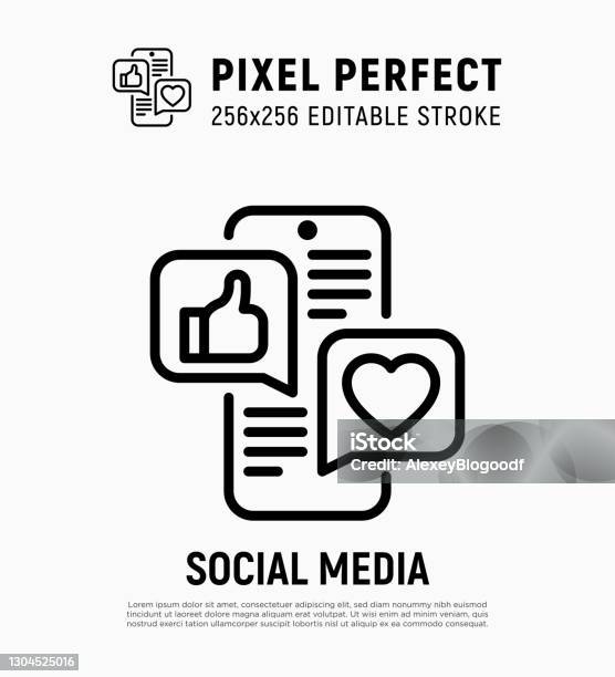 Social Media Marketing Thin Line Icon Smartphone With Speech Bubbles That Contains Thumbs Up Heart Digital Strategy Pixel Perfect Editable Stroke Vector Illustration - Arte vetorial de stock e mais imagens de Ícone de redes sociais