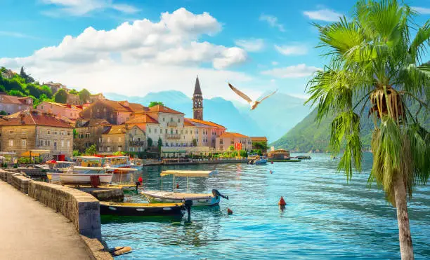 Historic city of Perast at Bay of Kotor in summer, Montenegro