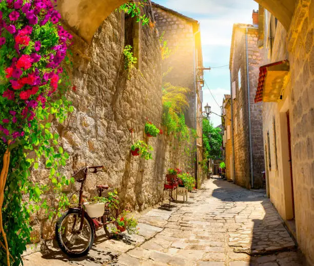 Narrow street in the old town of Perast, Montenegro