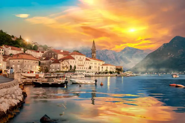 Historic city of Perast in the Bay of Kotor in summer at sunset