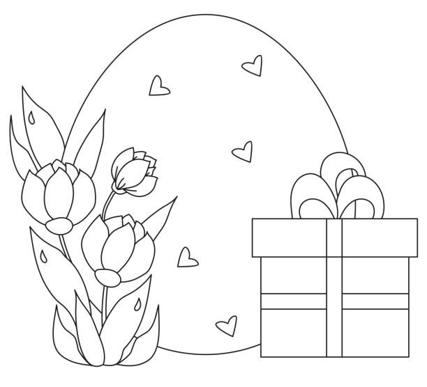 illustrazioni stock, clip art, cartoni animati e icone di tendenza di biglietto di pasqua. grande uovo di pasqua con un bouquet di fiori e foglie e una scatola con un regalo. vettore. linea nera, contorno. illustrazione per design, arredamento, stampa, cartoline per pasqua - doodle sketch drawing letter