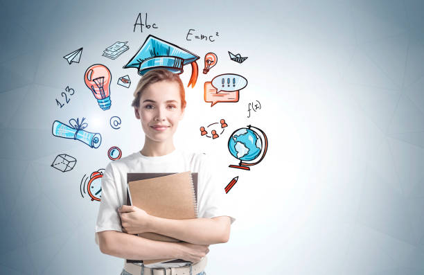 istock Woman with books and education sketch 1304532073
