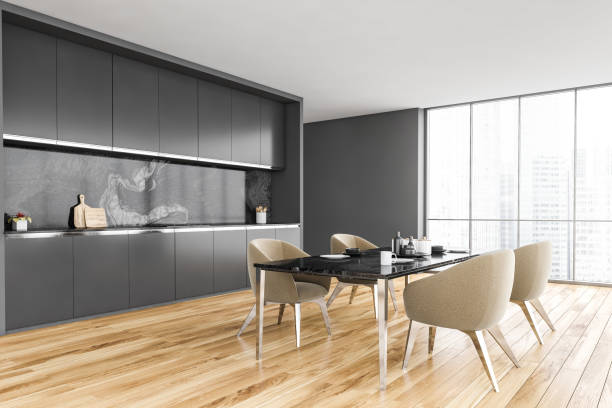 istock Black and white kitchen set, chairs and table near window 1304533011