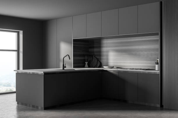 istock Gray and wooden kitchen corner with island 1304533616