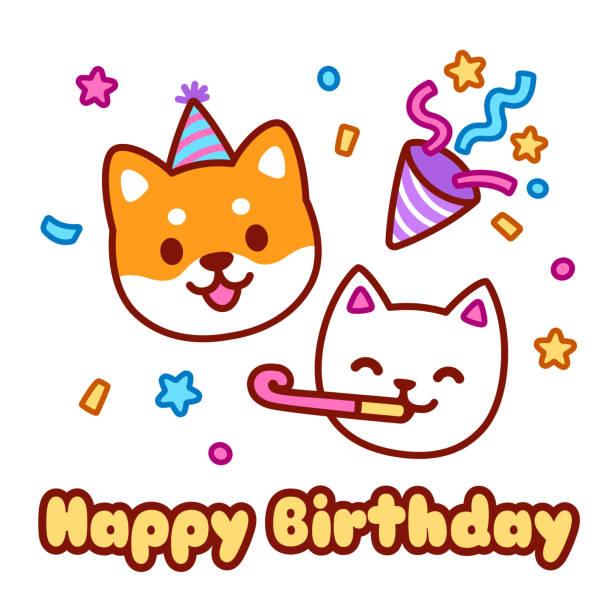 ilustraciones, imágenes clip art, dibujos animados e iconos de stock de fiesta de cumpleaños feliz dibujos animados - birthday card dog birthday animal