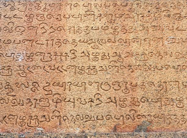 inschriften der tamilischen sprache an den steinmauern des brihadeeswarar tempels in thanjavur geschnitzt. indische felsen relief kunst der stein inschriften in tempeln. - tamil stock-fotos und bilder