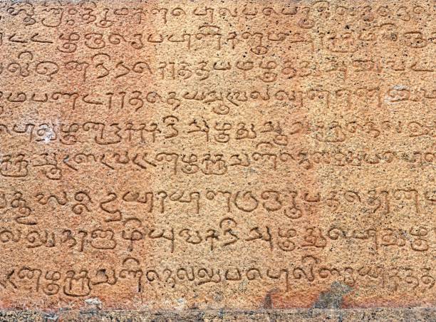 inscriptions of tamil language carved on the stone walls at brihadeeswarar temple in thanjavur. indian rock relief art of stone inscriptions in temples. - tamil imagens e fotografias de stock