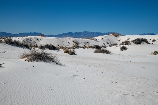 Beautiful white sand at National Monument in New Mexico with snow capped mountain in background