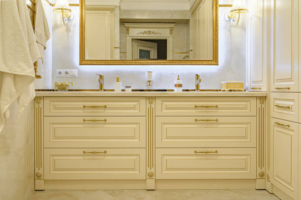 istock Modern luxury beige and golden bathroom 1304541993