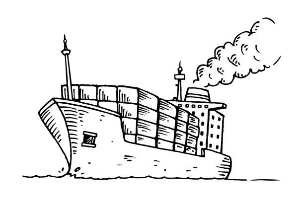 stockillustraties, clipart, cartoons en iconen met hand getrokken vrachtschip - container ship