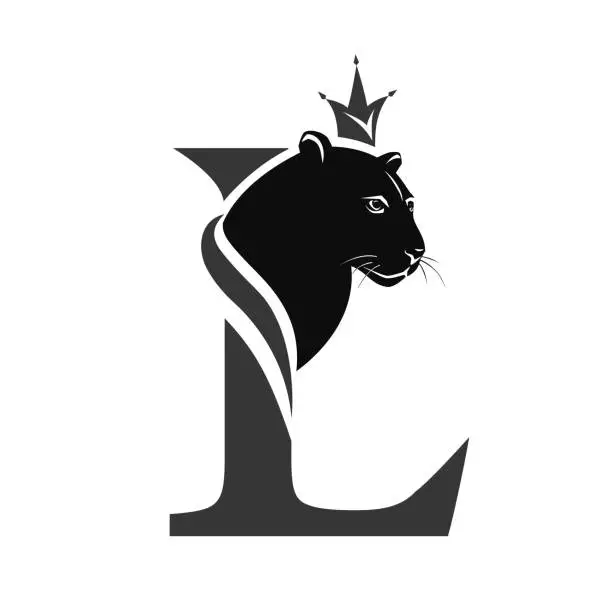 Vector illustration of Capital Letter L with Black Panther. Royal Logo. Cougar Head Profile. Stylish Template. Tattoo. Creative Art Design. Emblem  for Brand Name, Sports Club, Printing on Clothing. Vector illustration