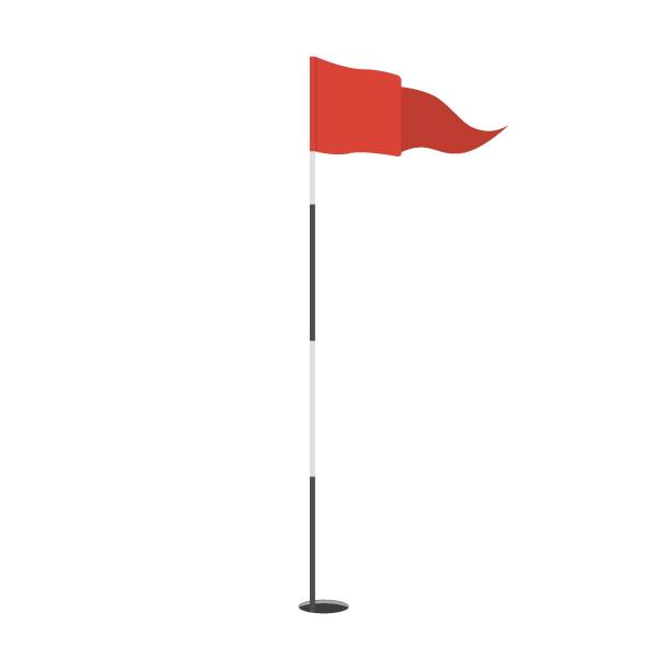 穴のアイコンに赤い三角形のゴルフ旗。ゴルフ用品またはアクセサリー。スポーツ競技のためのテンプレートデザイン。 - ゴルフの旗点のイラスト素材／クリップアート素材／マンガ素材／アイコン素材