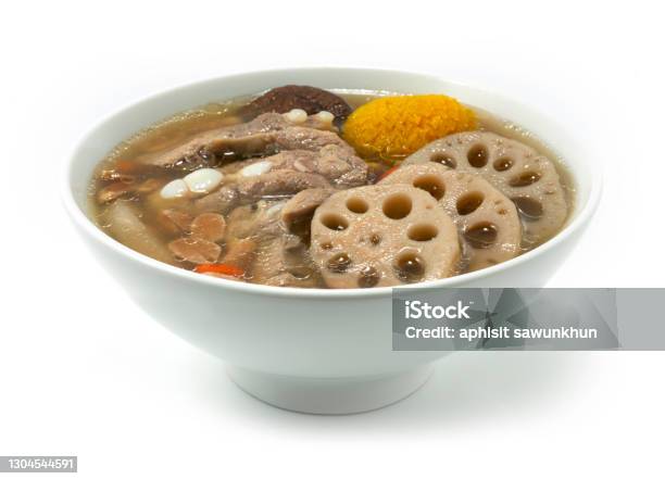 Lotus Roots Soup With Pork Ribs And Peanuts Stock Photo - Download Image Now - Lotus Water Lily, Soup, Appetizer