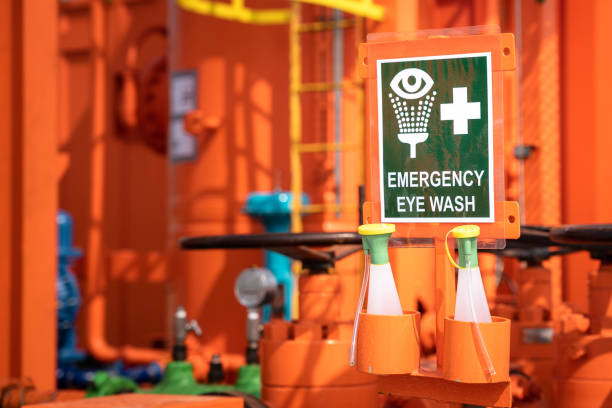 station de lavage des yeux - équipement d’urgence. - chemical accident photos et images de collection